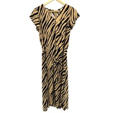 NWT Talbots Women's Size 4 Tan Black Zebra Print V-Neck Midi Shirt Dress Belted