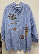CST Blues Womens 30W Blue Denim Cotton Embroidered Button Shirt Blouse Fall LS