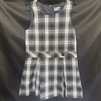 Lands' End Girls 8 School Uniform Top of Knee Jumper Dress White Plaid Evergreen