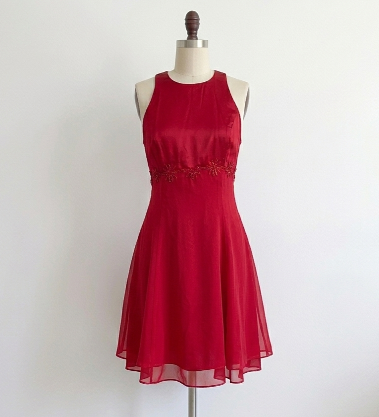 Vtg 90s Red Satin Mini Dress XS Small Open Back Floral Sheer Layer Holiday Dance