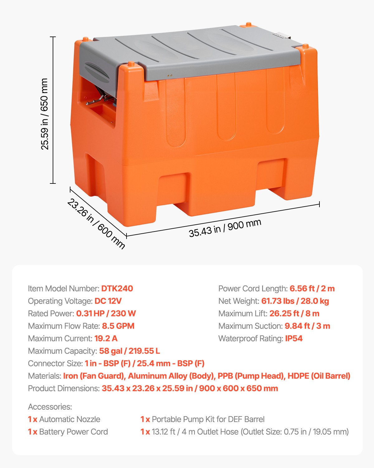 VEVOR 12V 8.5GPM DEF Transfer Pump 58Gal Tank Auto Nozzle Diesel Exhaust Fluid