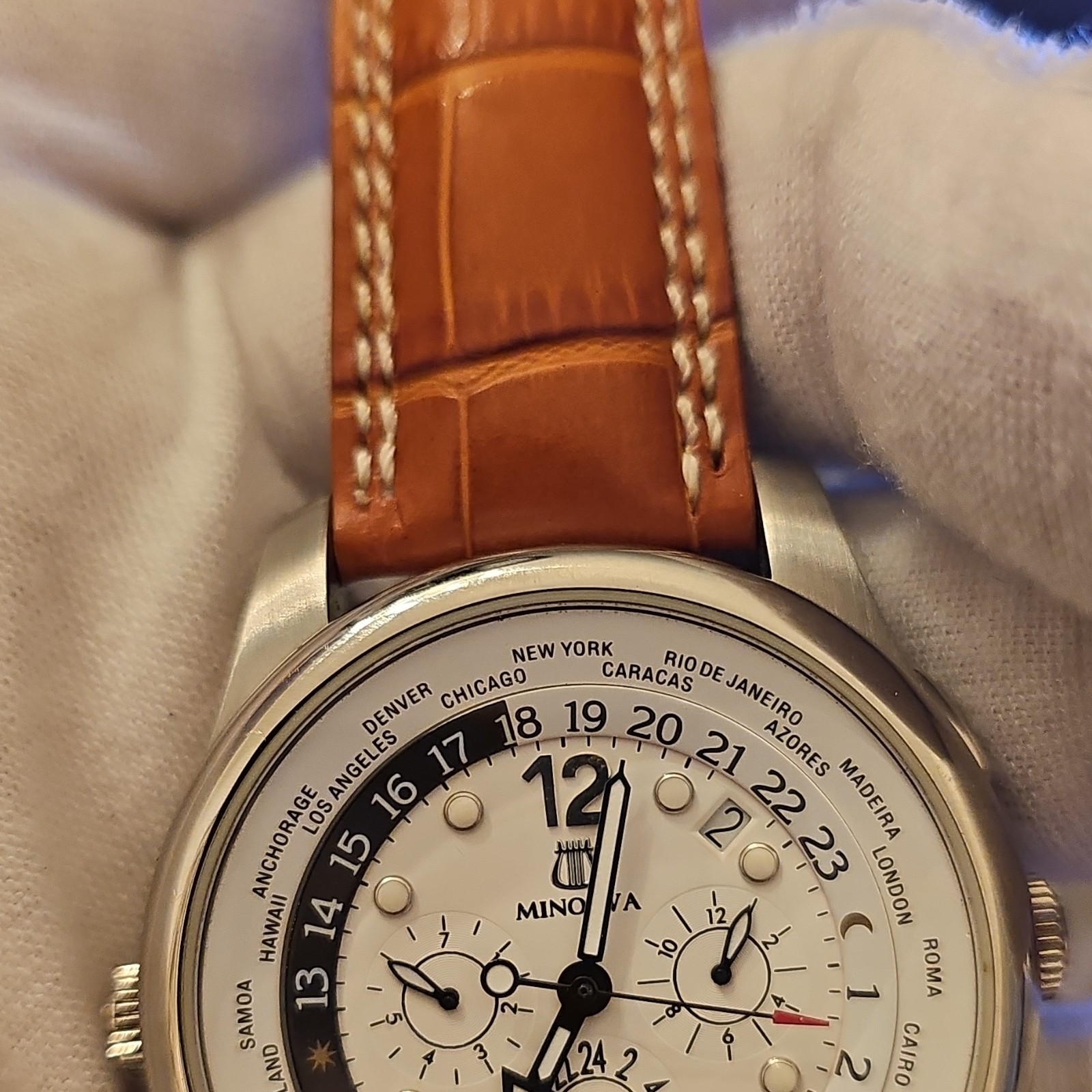 Minerva World Time Automatic Chronograph Brown Le… - image 1