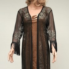 Black Sheer Mesh Duster Gold Floral Embroidered Fringe Kimono Cardigan Jacket