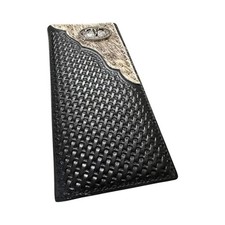 Western Stakes Mens Leather Long Wallet Basketweave Longhorn Concho Cowhair Inla