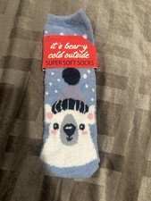 Polar Bear Super Soft Socks Womens Shoe 4-10 Blue Bear Fuzzy Winter Cozy