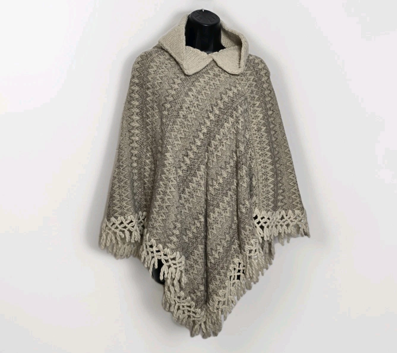 Knit Beige Poncho One Size Cape Fringe