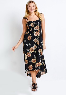 NWT Maurices L 12 14 Black Sunflower Spring Romantic Smock Boho Hi Lo Maxi  Dress | eBay