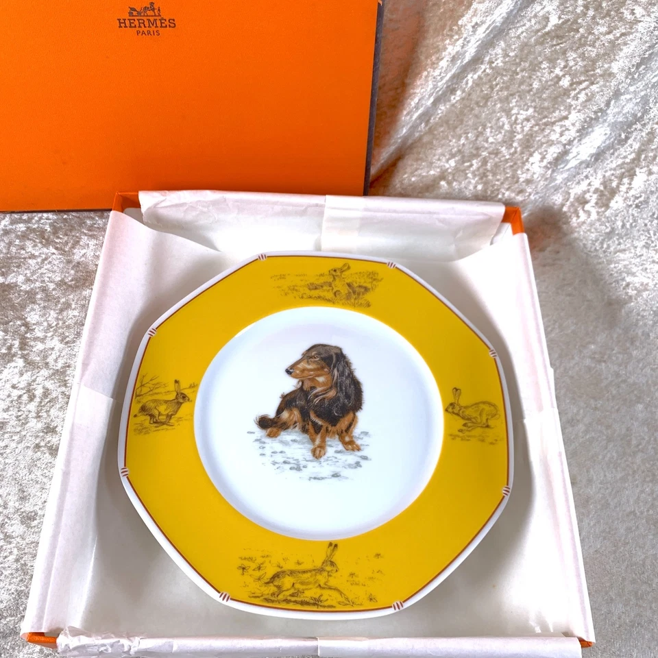 Juego de 2 vajilla de porcelana para perro Teckel de pelo largo plato de postre Hermes con caja Foto 2 de 4