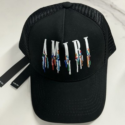 Amiri Trucker Hat Embroidered Paint Spell Logo Mesh Canvas Adjustable Black Cap