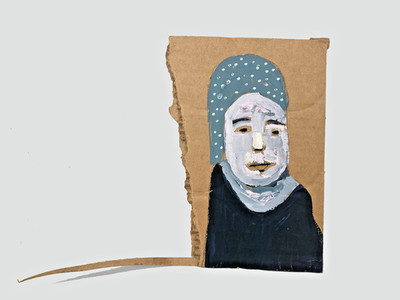 Original Outsider Art Primitive Woman Naive Portrait Painting Blue Cardboard Art