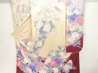 35114# JAPANESE KIMONO / ANTIQUE FURISODE / SILK / PEACOCK & FLOWER