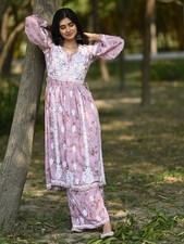 Pink cotton chikankari kurti palazzo set, Lucknow kurti set, Ethnic Wear Suit