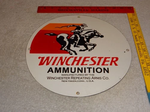 VINTAGE WINCHESTER AMMUNITION & COWBOY 11 3/4" PORCELAIN METAL GUN GASOLINE SIGN