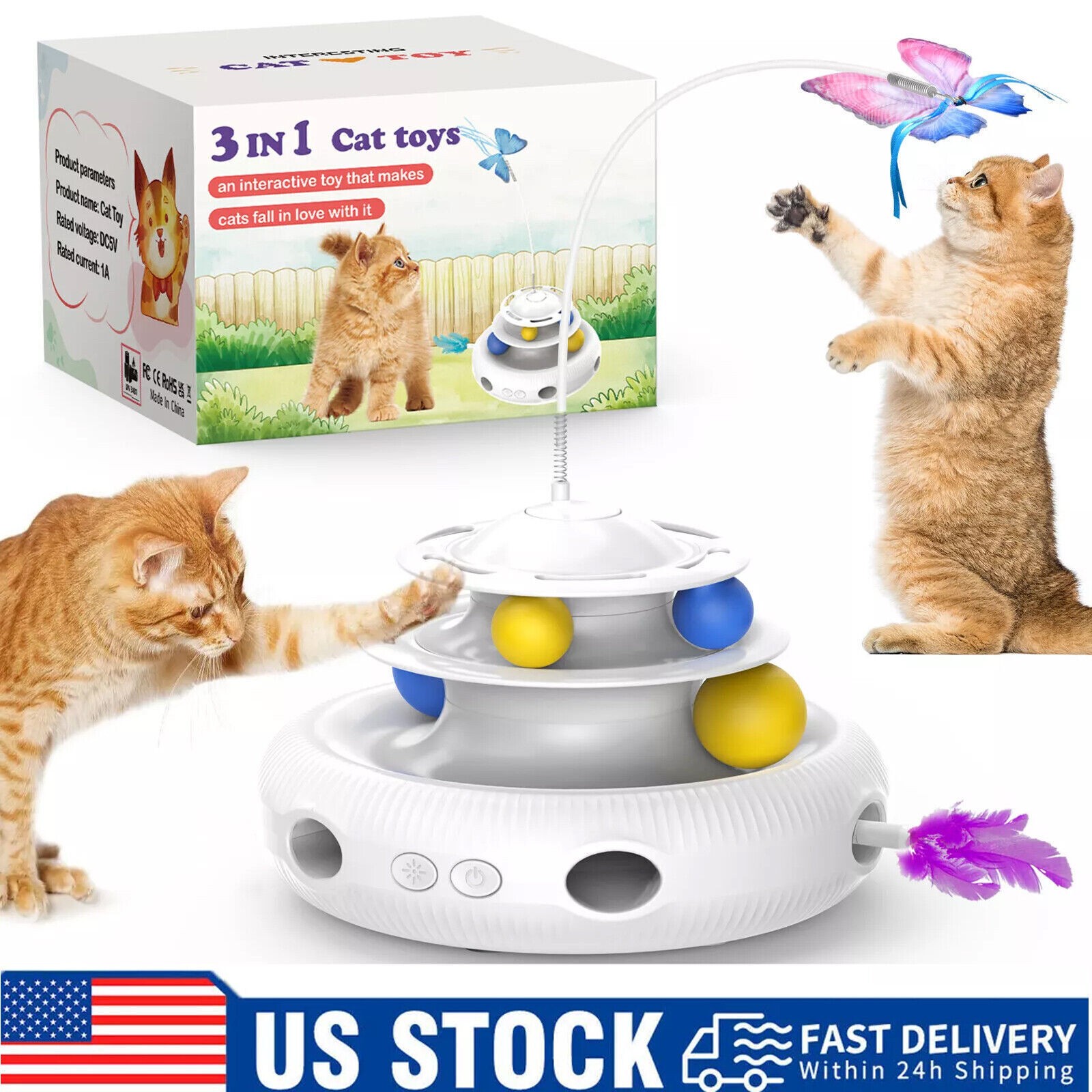 3-in-1 Automatic Cat Toy with Feather Butterfly & Interactive Ball for Playful Pets