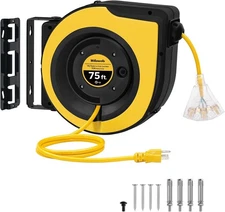 Retractable Cord Reel, 75 FT Heavy Duty Extension Cord, 14AWG/3C Yellow 