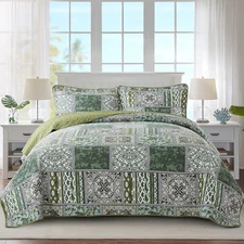 Cotton Bedspread Quilt Sets-Reversible Patchwork Coverlet Set, Green Classic Boh