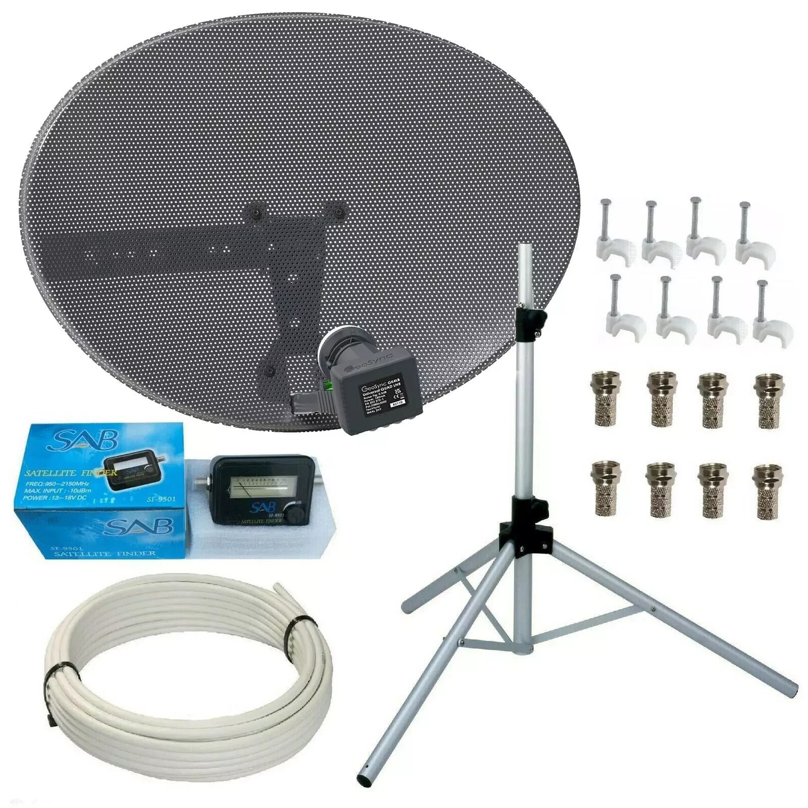 60cm Dish Quad LNB & Tripod + Satellite Finder 20m White RG6 Coax Cable For Sky