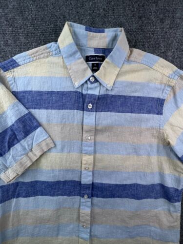 Club Room Button Up Shirt Medium Short Sleeve Blue Yellow Striped Linen Blend