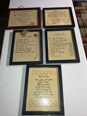 SET OF 5 Primitives By Kathy Hand Stitched By Lisa Johnson Framed Nursery Rhymes