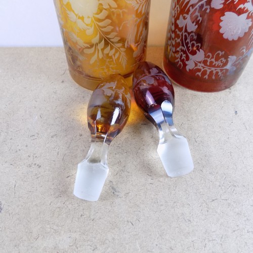 2 Bohemian Glass Decanters Amber & Red Cut to Clear Monkeys & Birds - Picture 9 of 10