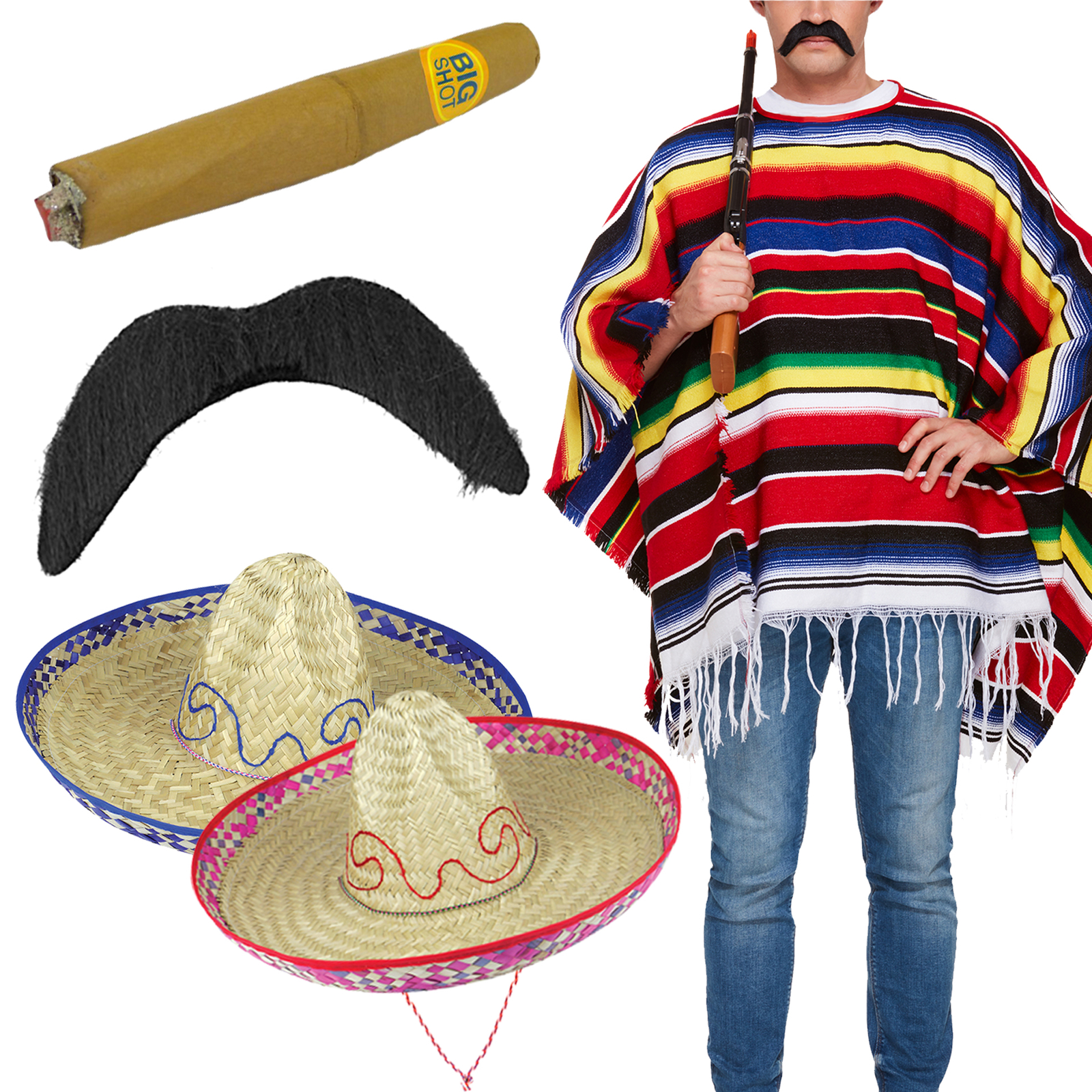 Sombrero Hat Fancy Dress Moustache Men 