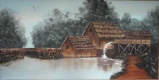 Vtg. Signed & Framed 12 x 24 Original Oil Painting Rustic Old Grist Mill