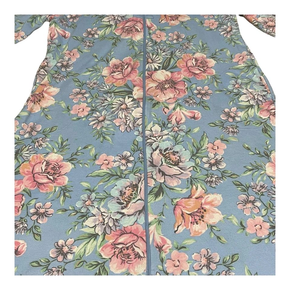 Miss Elaine Robe Housecoat Vintage Medium Blue Floral Roses Zip Up House Dress - Image 2 of 4