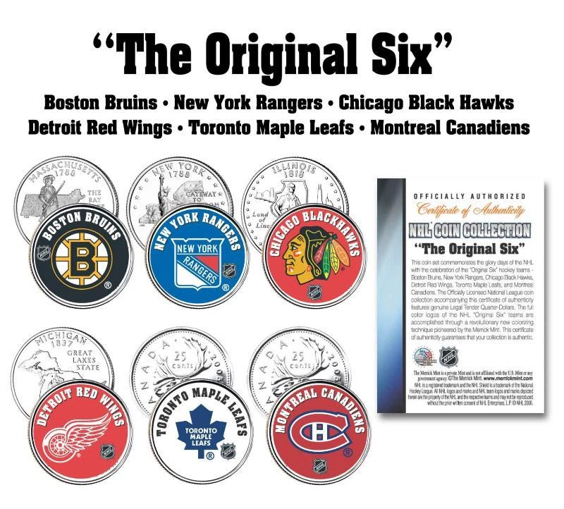 * THE ORIGINAL SIX * NHL TEAMS 6-Coin Set Canada & US Quarters Legal Tender