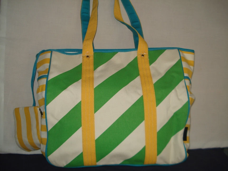 JOE BOXER LARGE YELLOW GREEN TAN STRIPED LINED CANVAS TOTE BAG AND CHANGE POUCH - Image 3 of 4
