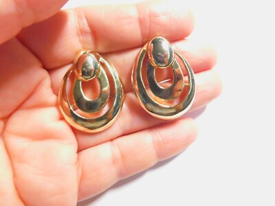 Gold Tone Open Work Metal Oval Double Loop Pierced  Earrings Vintage