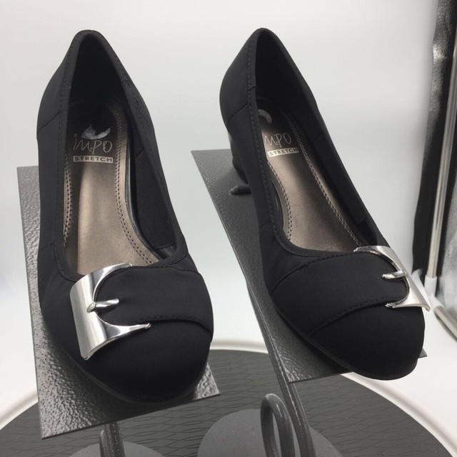 Impo Stretch Womens Grander Pump Shoes Black Wedge Heels Buckle Slip