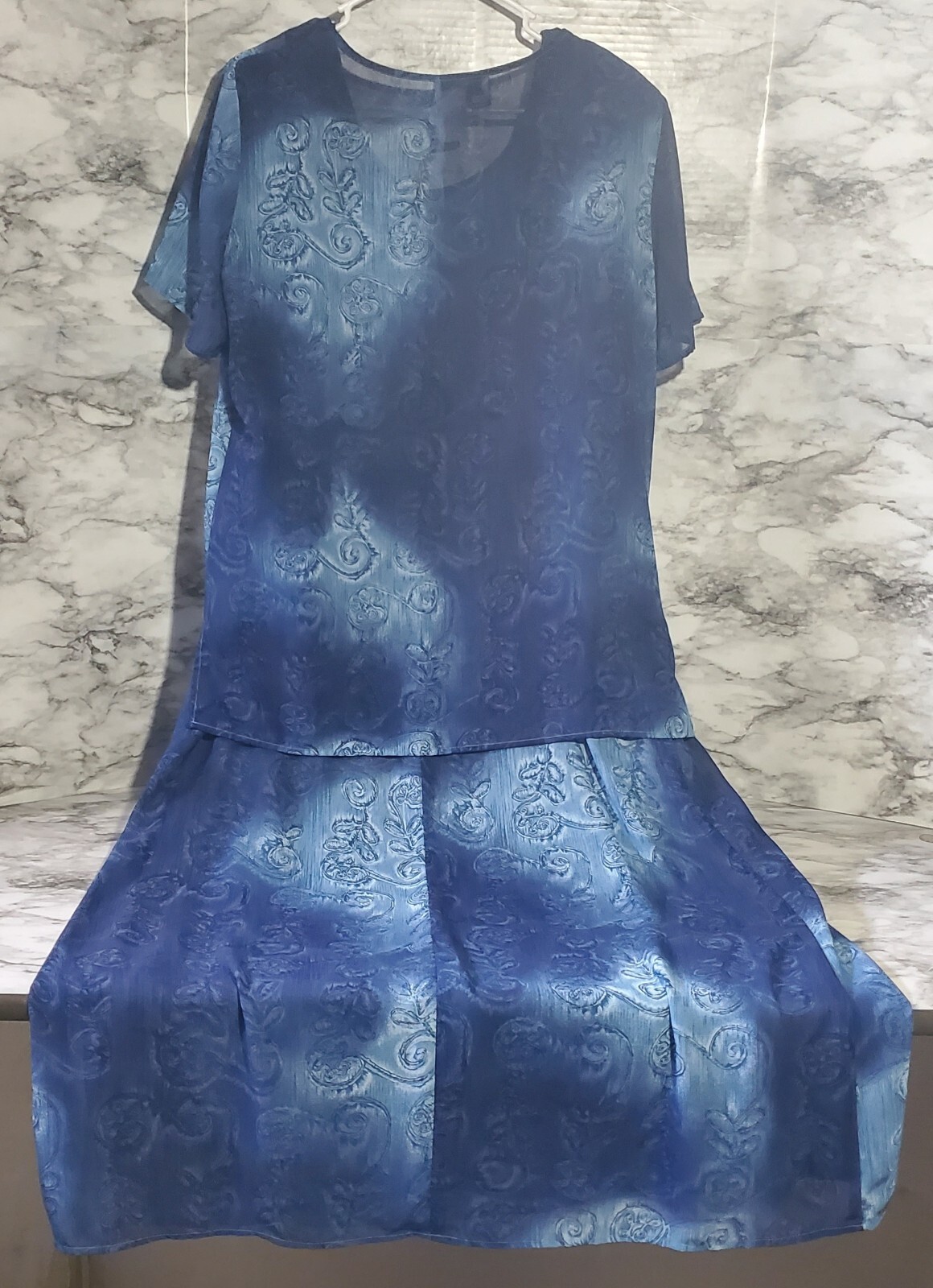 Vintage Dress U By Sharon 2pc Maxi Dress 13/14 Set Blue Water Swirls Floral EUC