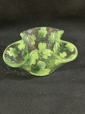 Signed Fused Art Glass Crimp With Green Shamrocks Trinket Tea Light Candle Dish