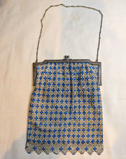 Antique 1920s Whiting Davis Enamel Mesh Purse Art Deco Blue White Geometric