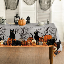 Halloween Tablecloth 60 X 84 Inch Rectangular Buffalo Plaid Moon Pumpkin Cat W