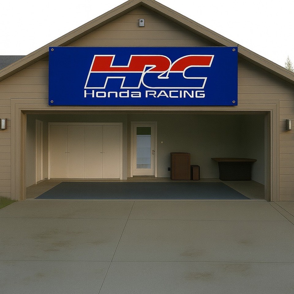 HRC Racing Logo Banner 71x24 Blue Garage Decor | Motorcycle Workshop ...
