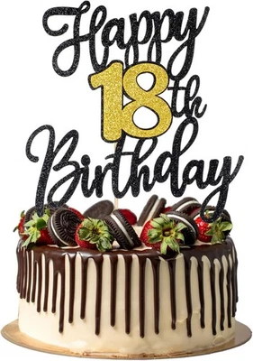 XTHROTSENK 18th Happy birthday Cake Topper Birthday Decorations Black Gold Glitter...