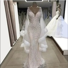 Shinny Beads Sequins Wedding Dress with Feathers Floor Length Flare Sleeves