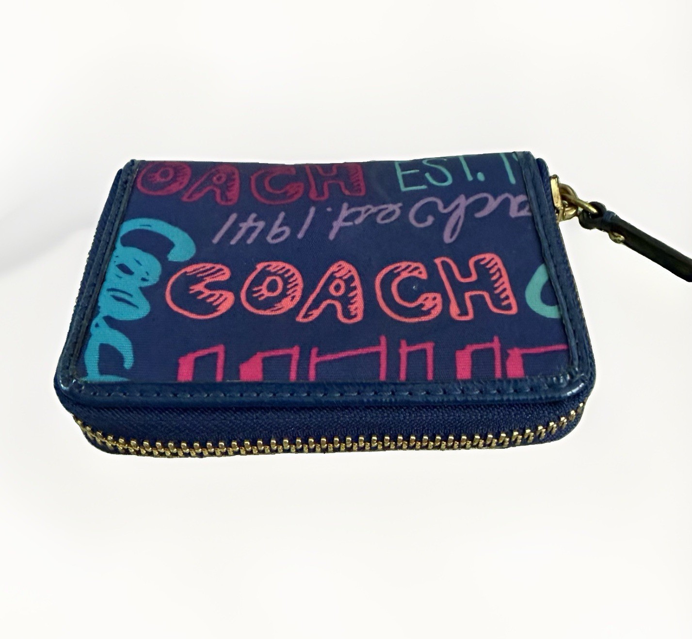 Coach Graffiti Zip Around Coin Purse Card Wallet Navy Pink ID Holder