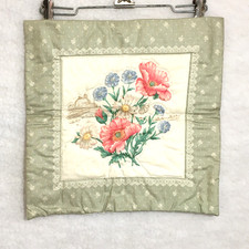 Hand stitched quilted wall hanging - floral pink blue flowers w/ farm Vintage