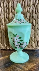 Vintage 1970s WESTMORELAND candy jar green mint jadeite milkglass Hand painted