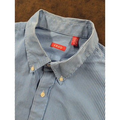 IZOD Mens XXL Blue White Gingham Long Sleeve Button Down Shirt Micro Check