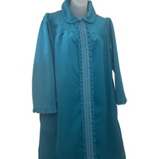 Leisure Life Bath Robe Long House Coat Collar Dress Sz M Teal Ruffle USA Vintage