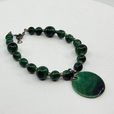 Boho Dark Green Bead Bracelet with Statement Disc Charm Layering Gift Accessory