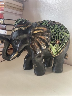 Ebonite Black Hand Carved Elephant W/ Elaborate Green Etching Designs. Oaak