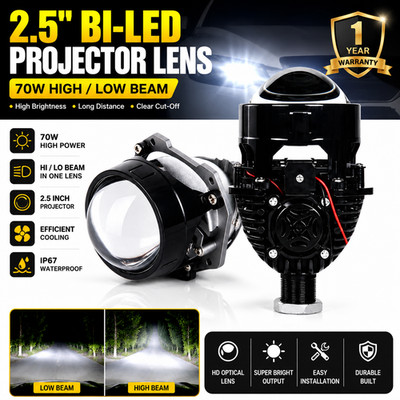 2.5'' Bi-LED Projector Lens Car Headlight 70W Hi/Lo Beam Retrofit LED Headlamp