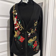 Vintage Jack B Quick Christmas Zip-Up Cardigan Sweater with Santa and Presents