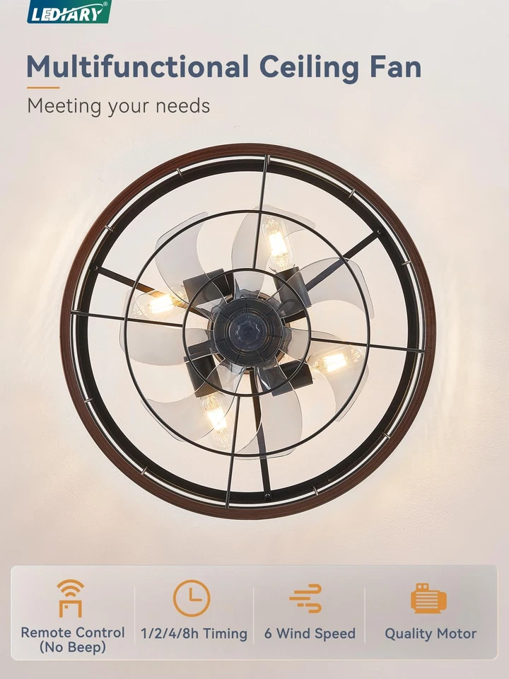 20 inch Fandelier Caged Ceiling Fan with Light, Bladeless Ceiling Fan with Re... - Image 4 of 4