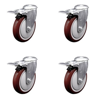 5 Inch Maroon Polyurethane Swivel Bolt Hole Caster Set with Total Lock Brake SCC