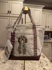 Hand Beaded Dog Beige Tote Bag Brown Gingham Top Handles w/ matching coin purse